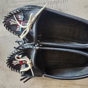 Minnetonka Black Moccasins with Beaded Design
